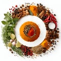 Circle frame composition of spices and herbs isolated on white background Royalty Free Stock Photo