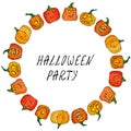 Circle Frame of Cute Halloween Pumpkins. Autumn or Fall Party Collection. Realistic Hand Drawn High Quality Vector