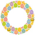 Circle frame with Easter eggs, bunnies and chicks.