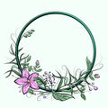 Circle frame with flowers, leafs, berries and copy space. Cartoon outlined colorful art