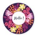 Circle frame with hand drawn creative abstract flowers. Floral design. Colorful artistic background with blossom Royalty Free Stock Photo