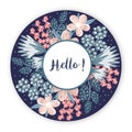 Circle frame with hand drawn creative abstract flowers. Floral design. Colorful artistic background with blossom Royalty Free Stock Photo