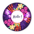 Circle frame with hand drawn creative abstract flowers. Floral design. Colorful artistic background with blossom Royalty Free Stock Photo