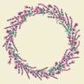 Circle frame of hand drawn lavender flowers.