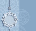 Circle frame, lace pendant on blue background