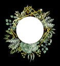 Circle frame with leaves, succulent and golden elements in watercolor style. Eucalyptus, magnolia, fern and other Royalty Free Stock Photo