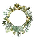 Circle frame with leaves, succulent and golden elements in watercolor style. Eucalyptus, magnolia, fern and other Royalty Free Stock Photo