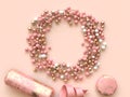 Abstract circle frame many sphere gold pink 3d rendering flat lay decoration background