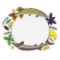 Circle frame with river fish and spices. Hand drawn of pike, sturgeon, lemon, basil, rosemary, thyme. Template for restaurant or