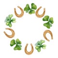 Circle frame with shamrock and horseshoe watercolor illustration isolated on white background. Painted green four leaves Royalty Free Stock Photo