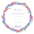 Circle frame, wreath with the floral design; watercolor floral elements of the lavender and pink lupine flowers Royalty Free Stock Photo