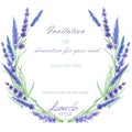 A circle frame, wreath, frame border with the watercolor lavender flowers, wedding invitation Royalty Free Stock Photo