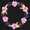 Circle frame, wreath of pink flowers, purple branches and green leaves Royalty Free Stock Photo