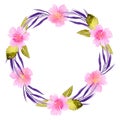 Circle frame, wreath of pink flowers, purple branches and green leaves Royalty Free Stock Photo