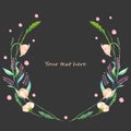 Circle frame, wreath of pink wildflowers and green spikes Royalty Free Stock Photo