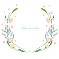 Circle frame, wreath of pink wildflowers and green spikes Royalty Free Stock Photo