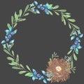 Circle frame, wreath with watercolor green branches, blueberries and bird nest, hand drawn on a dark background