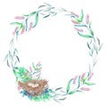 Circle frame, wreath with watercolor green branches, blueberries and bird nest, hand drawn on a white background
