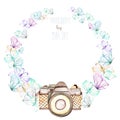 Circle frame, wreath with watercolor tender butterflies and camera