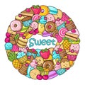 Circle from the funny sweets, fruit and ice cream. Donuts, cupcakes, cakes and cookies Royalty Free Stock Photo