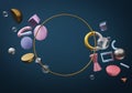 Circle Gold Frame. Blank Space on Dark Blue Background. Stylish 3D Rendering Object