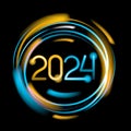 Neon circle frame with golden and blue glow. Template for 2024 year Royalty Free Stock Photo