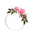 Circle Golden Frames with pink roses Flowers for Wedding Invitations.