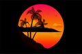 Circle graphic with tropical evening landscape and black background