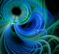 From the circle, green and blue waves of different shapes diverge on a black background. Bright abstract fractal background Royalty Free Stock Photo