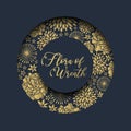 Circle groove frame with luxury abstract gold flora texture on dark blue background vector design