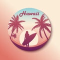 Circle Hawaii Sticker. Surfing girl. With shadow. Vector