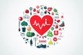 Circle of Health, Stylized Infographic with Red Heart and Healthy Lifestyle Icons on White Background