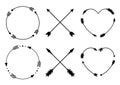 Circle and heart arrow frames for monograms. Criss cross hipster arrows. Arrows in boho style. Tribal arrows set. Vector