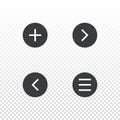 Circle icon backward, add, list isolated on transparent background. Element for design app or website Royalty Free Stock Photo