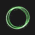 Green gold circle light effect with round glowing elements, particles and stars on dark background. Shiny glamour design Royalty Free Stock Photo