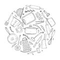 Circle made of elements with hand drawn kitchenware on isolate on a white background Royalty Free Stock Photo