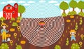 Circle maze labyrinth with frmer and scarecrow, harvest and barn in cartoon style, printable educational puzzle for kids