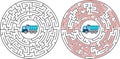 Circle Maze with Solution. Labyrinth with Entry and Exit. Find the Way Out Concept. Transportation and Logistics Vector