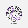 Circle maze vector labyrinth game. Round puzzle circular maze with solution. Complex labyrunth pattern
