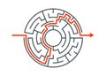 Circle maze vector labyrinth game. Round puzzle circular maze with solution. Complex labyrunth pattern