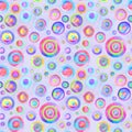 Circle multi-colored watercolor seamless pattern. Abstract watercolour colorful circles on purple lavender background