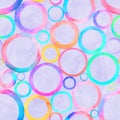 Circle multi-colored watercolor seamless pattern. Abstract watercolour colorful circles on purple lavender background Royalty Free Stock Photo