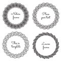 Circle nature frames (black) with leaves (palm, apple tree, aspen, sea buckthorn) vector set. Vintage style.