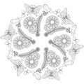 Mandala Black and White botanical butterfly and flower vector Illustration. Royalty Free Stock Photo