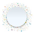 Circle paper banner with colorful ribbons and confetti. White bubble for text Royalty Free Stock Photo