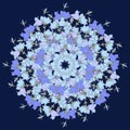 Circle pattern with bellflowers. Round kaleidoscope of flowers and floral elements.