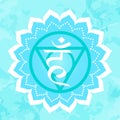 Vector illustration with the symbol of Vishuddha - throat chakra on a blue background. Circle pattern of mandalas and hand drawn