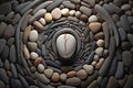 a circle of pebbles surrounding a single larger stone