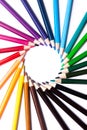 Circle or rainbow swirl of colored pencils on a white background in the center, copy space, mock up, LGBT symbol