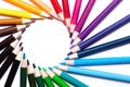 Circle or rainbow swirl of colored pencils on a white background on the left, copy space, mock up, LGBT symbol Royalty Free Stock Photo